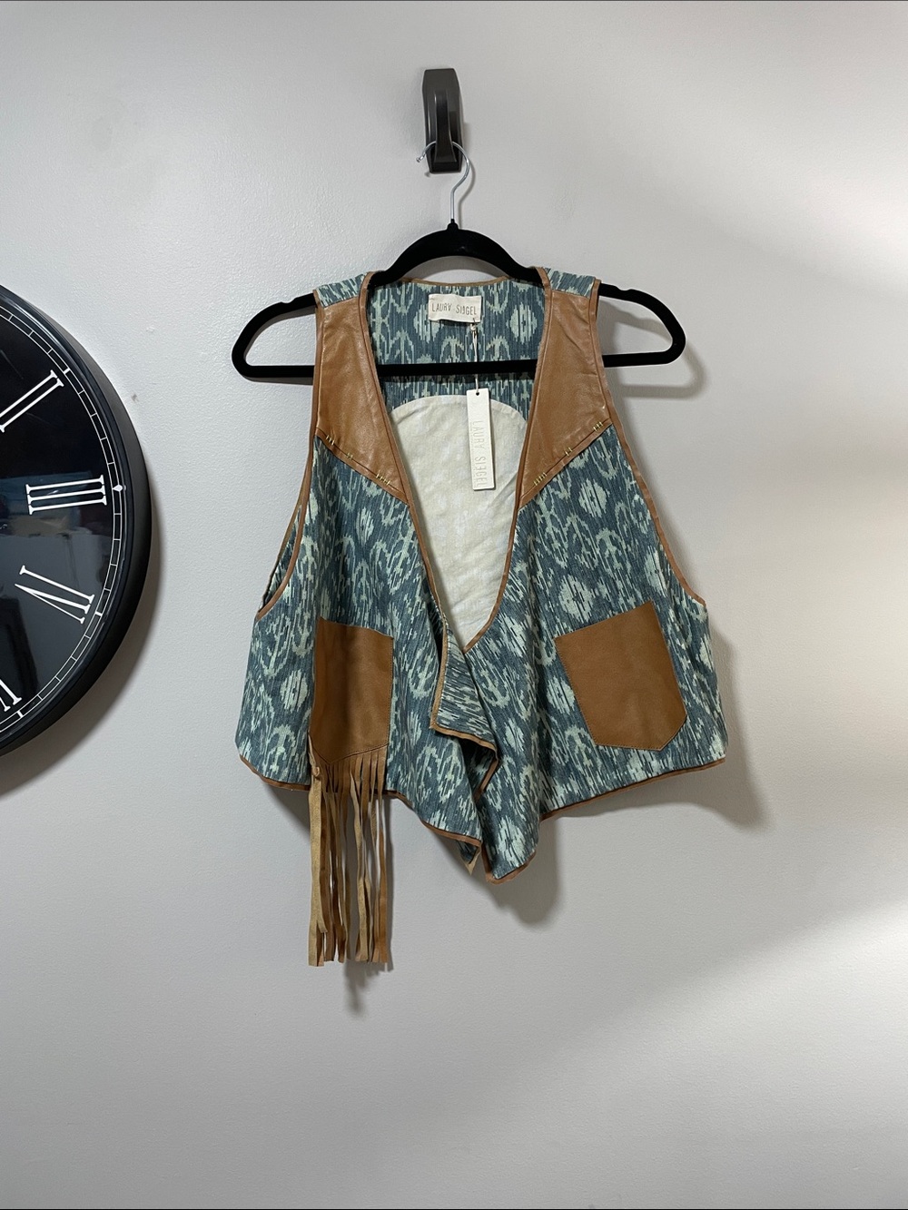 Designer Laura Siegel Boho Fringe Vest in Blue Ikat with Tan Suede Accents